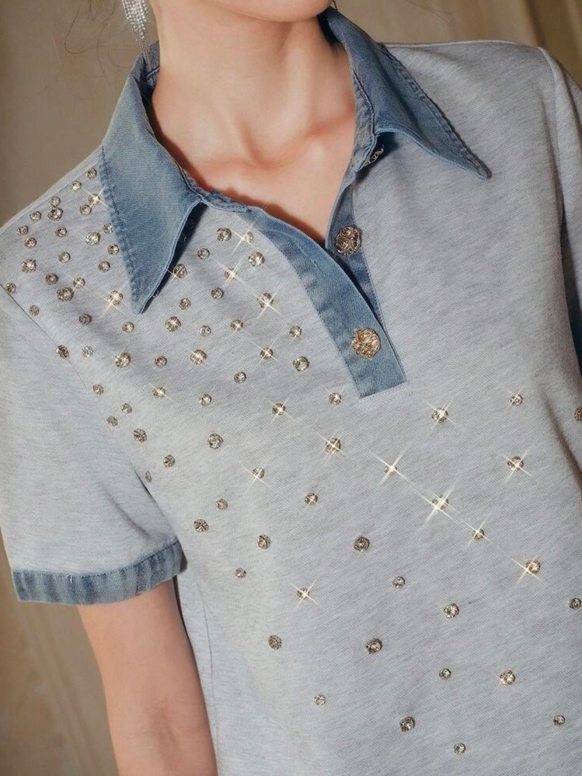 CM-TS782655 Women Casual Seoul Style Collar Neckline Color-Blocking Short Sleeve Denim T-Shirt - Light Gray