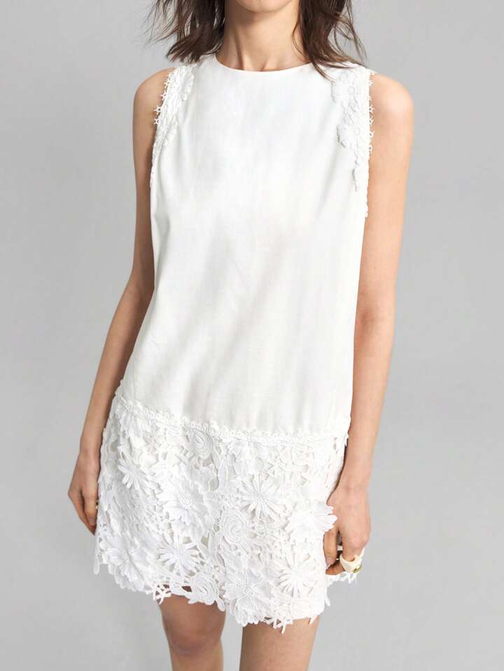 CM-DS603272 Women Elegant Seoul Style Solid Color Lace Patchwork Round Neck Sleeveless Mini Dress