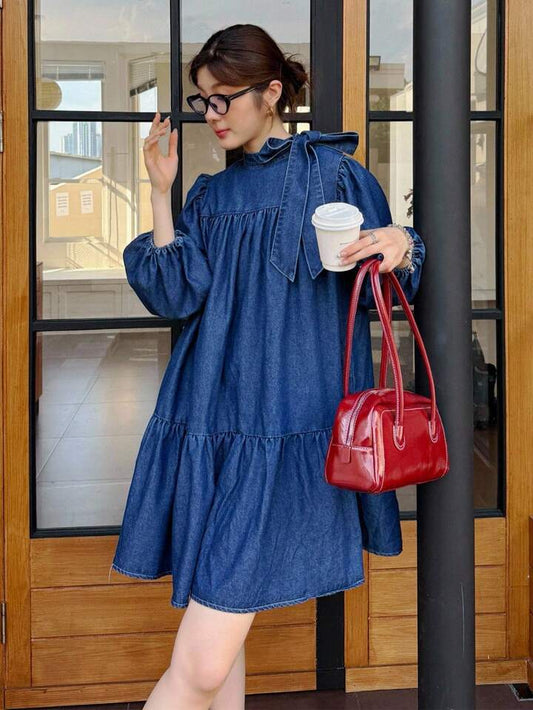 CM-DS154165 Women Elegant Seoul Style Medium Wash Bow Tie Lantern Sleeve Oversized Babydoll Denim Dress