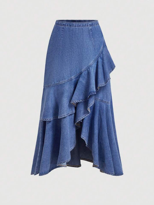 CM-BS911661 Women Casual Seoul Style Light Wash Irregular Hem Denim Skirt