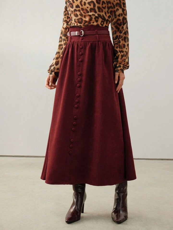 CM-BS566170 Women Elegant Seoul Style Suede Belted A-Line High Waist Maxi Skirt - Burgundy