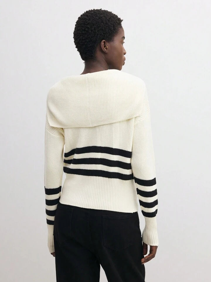 CM-CS055074 Women Casual Seoul Style Sailor Collar Long Sleeve Striped Knit Sweater
