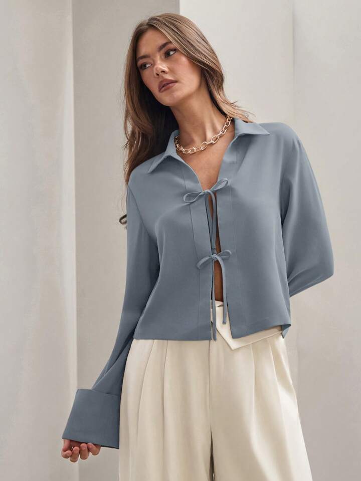 CM-TS815344 Women Trendy Bohemian Style Shirt Collar Front Tie Long Sleeve Shirt - Baby Blue