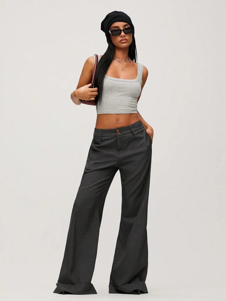 CM-BS936621 Women Casual Seoul Style Solid Color Low-Waist Wide-Leg Long Pants - Dark Gray