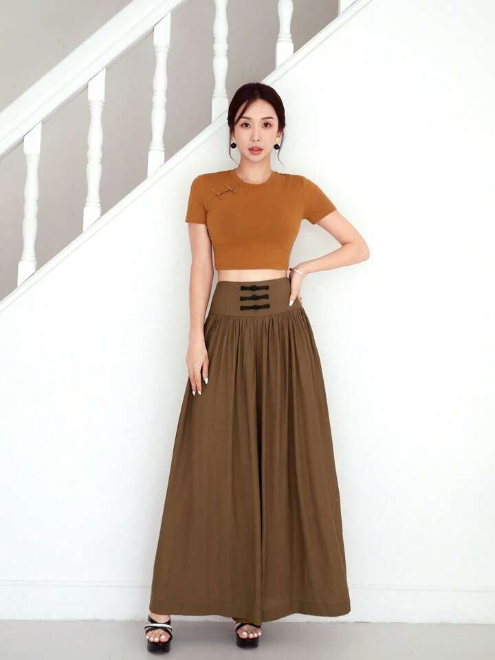 CM-BS515588 Women Casual Seoul Style Chinese-Style Pleated Waist Wide Leg Pants - Coffee Brown