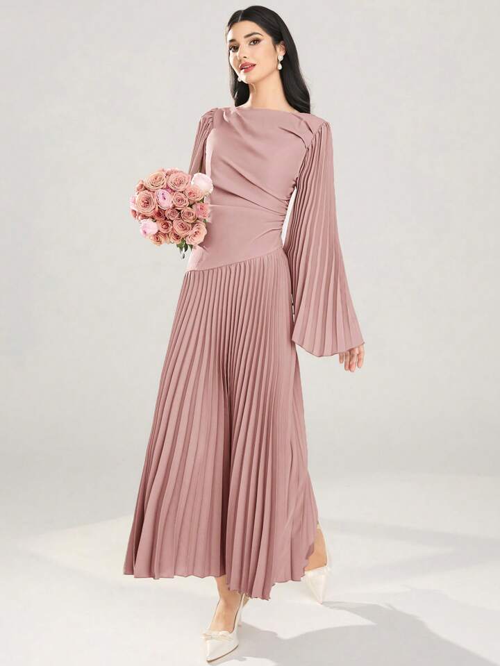 CM-DS914659 Women Elegant Seoul Style Round Neck Long Sleeve Asymmetrical Pleated Dress - Pink