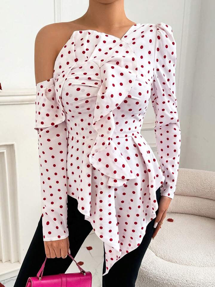 CM-TS146756 Women Casual Seoul Style Irregular Ruffled Off-Shoulder Ruffled Blouse