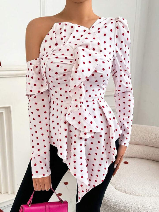 CM-TS146756 Women Casual Seoul Style Irregular Ruffled Off-Shoulder Ruffled Blouse