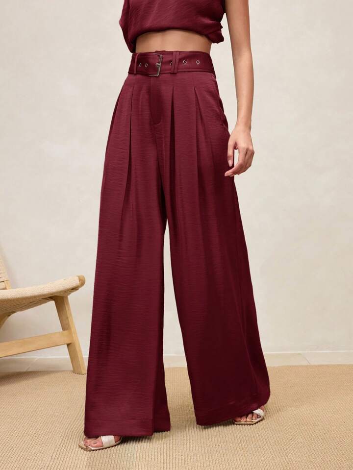CM-BS089382 Women Casual Seoul Style High Waist Pleated Wide Leg Pants - Burgundy