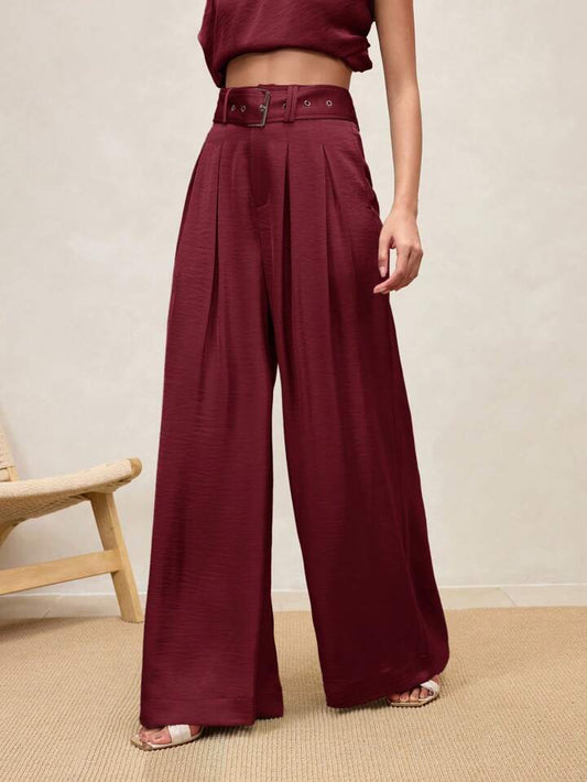 CM-BS089382 Women Casual Seoul Style High Waist Pleated Wide Leg Pants - Burgundy