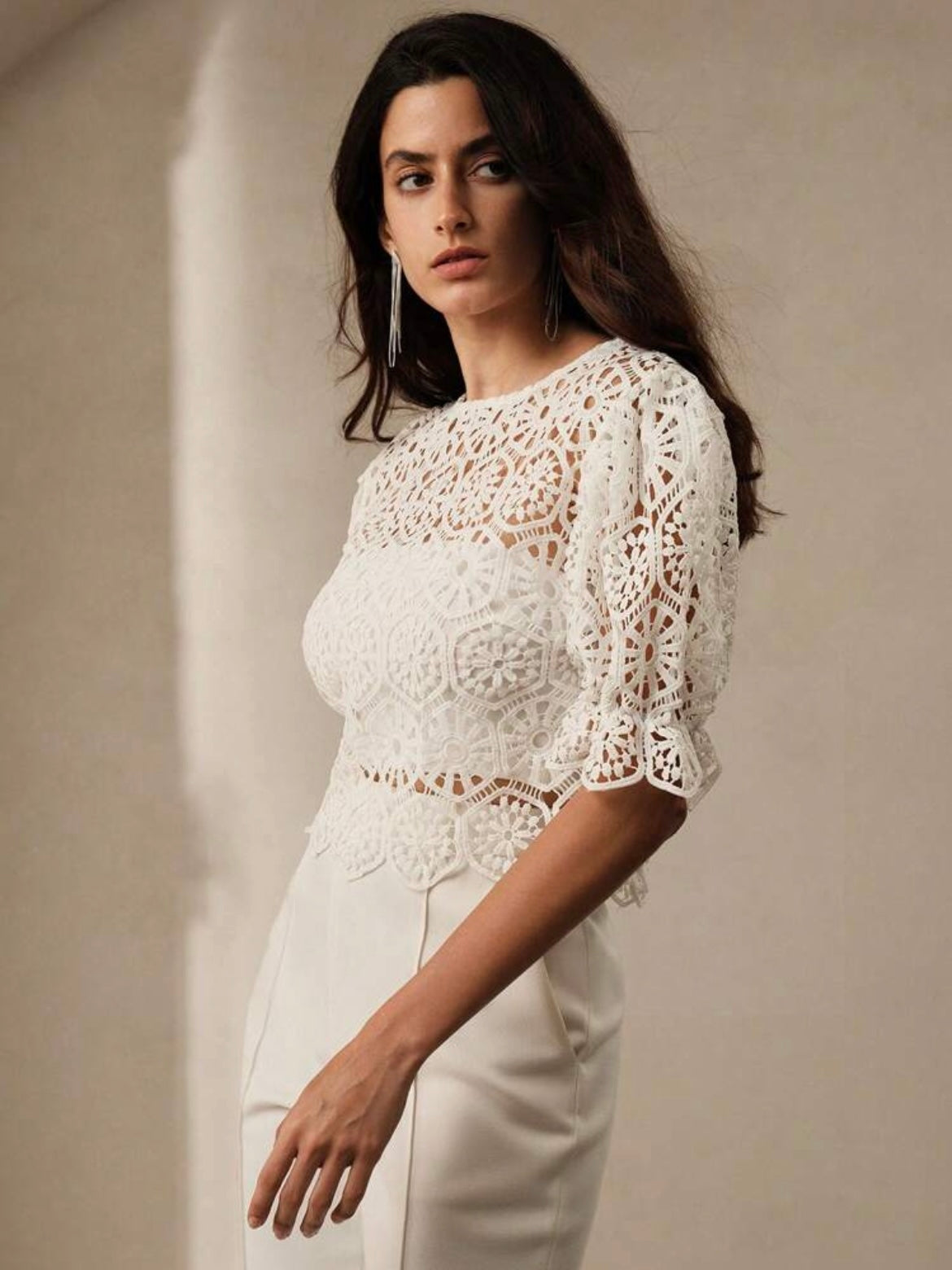 CM-TS118087 Women Elegant Seoul Style Lace Gathered Waist Lantern Sleeve Top - White
