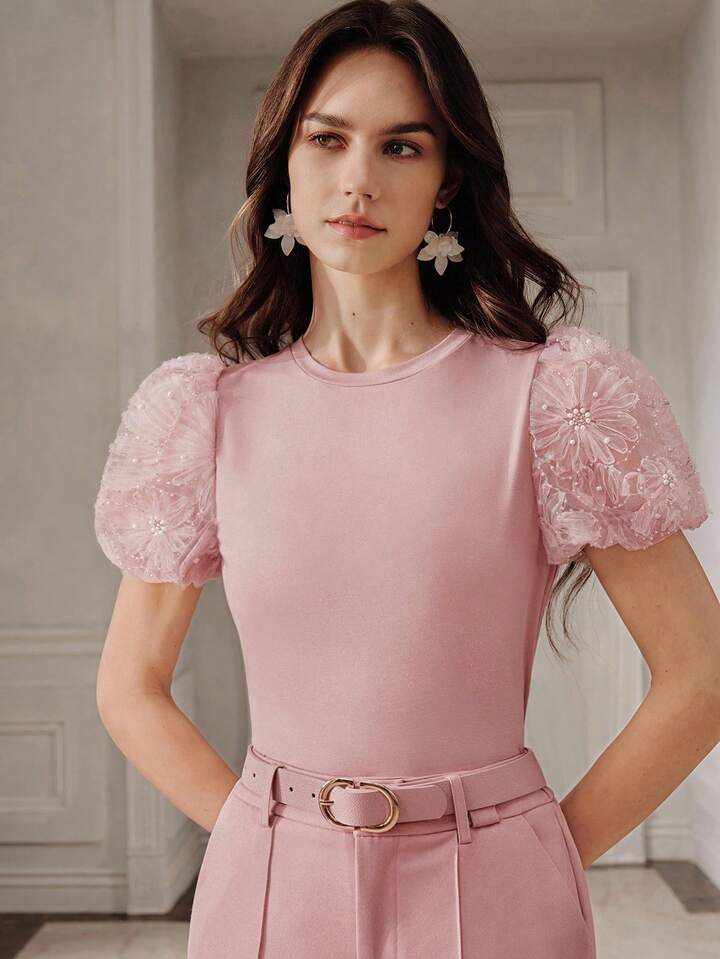 CM-TS064670 Women Elegant Seoul Style Round Neck Puff Sleeve Knit Patchwork Pearl Floral T-Shirt - Pink
