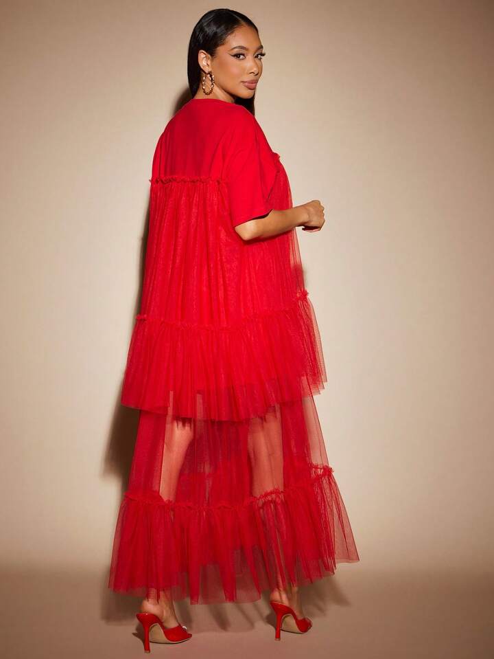CM-DS209036 Women Elegant Seoul Style Round Neck Short Sleeve Contrast Mesh Tulle Tiered Maxi Dress - Red