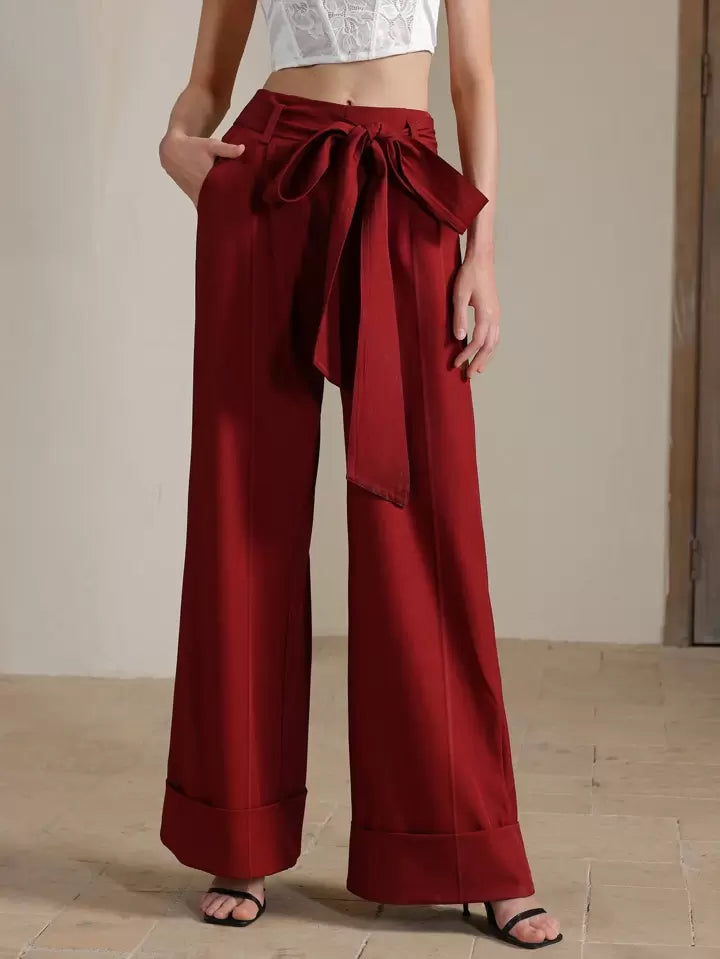 CM-BS645480 Women Elegant Seoul Style High Waist Belted Wide Leg Pants - Burgundy