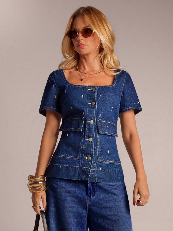 CM-TS718151 Women Casual Seoul Style Collar Neckline Puff Sleeve Single Breasted Denim Top - Blue
