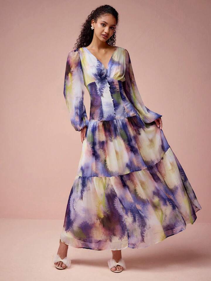 CM-DS748264 Women Elegant Seoul Style V-Neck Lantern Sleeve Dye Print A-Line Maxi Dress