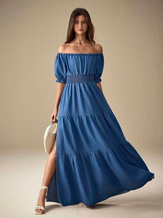 CM-DS553658 Women Trendy Bohemian Style Off-Shoulder Short Puff Sleeve Waist Gathered Long Denim Dress - Blue