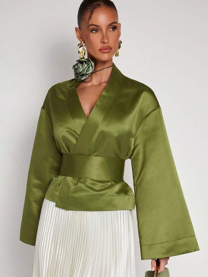 CM-TS808575 Women Elegant Seoul Style Solid Color V-Neck Wrap Flared Sleeve Blouse - Green