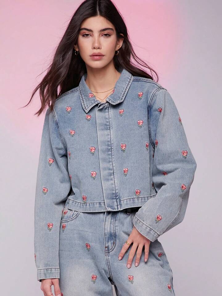CM-CS634861 Women Trendy Bohemian Style Floral Embroidered Drop Shoulder Cropped Denim Jacket - Blue