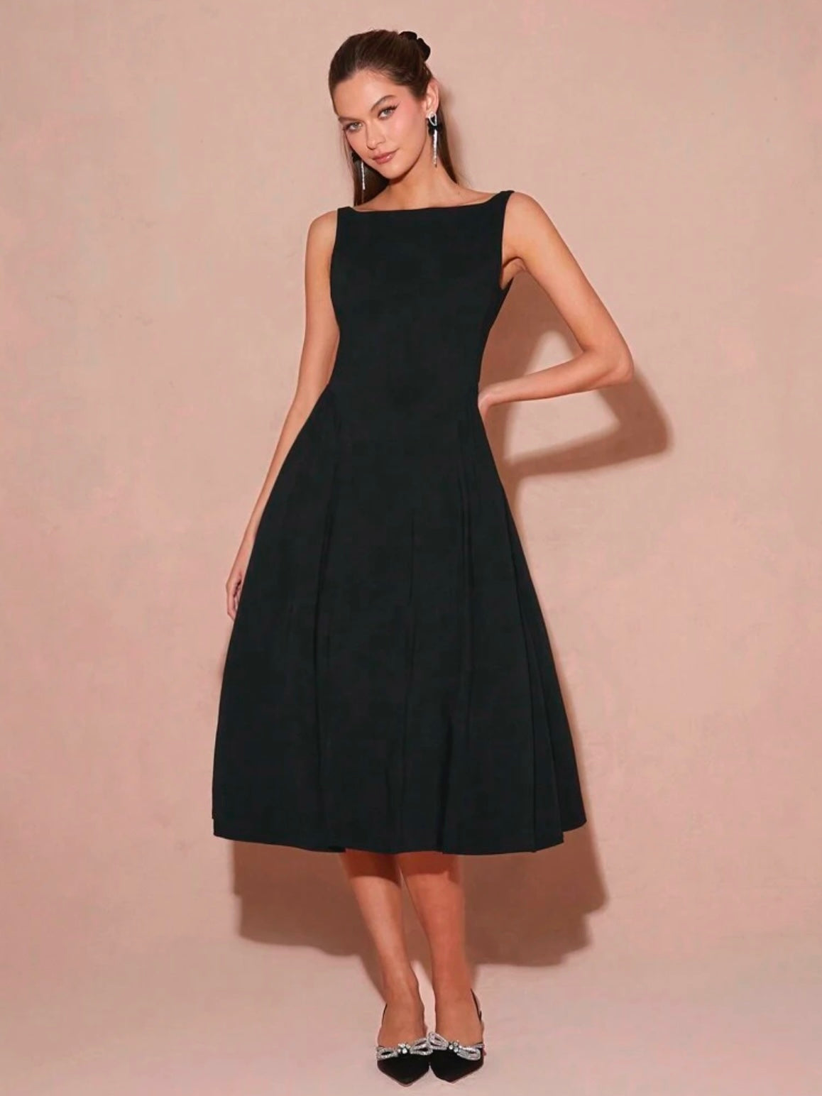 CM-DS132233 Women Elegant Seoul Style Boat Neck Sleeveless Backless A-Line Long Dress - Black