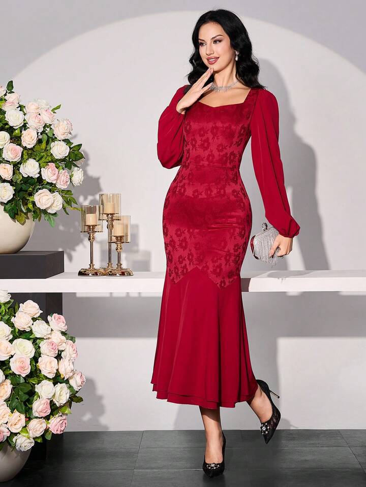 CM-DS997032 Women Elegant Seoul Style Sweetheart Neck Lantern Sleeve Mermaid Hem Lace Dress - Burgundy