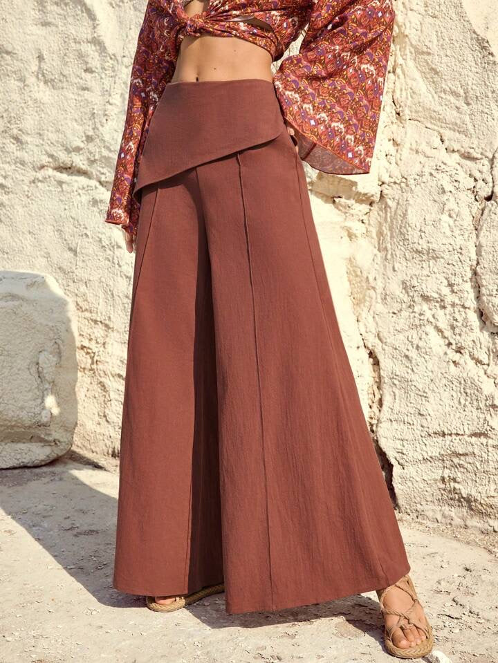 CM-BS966696 Women Trendy Bohemian Style High Waist Flared Trousers - Coffee Brown