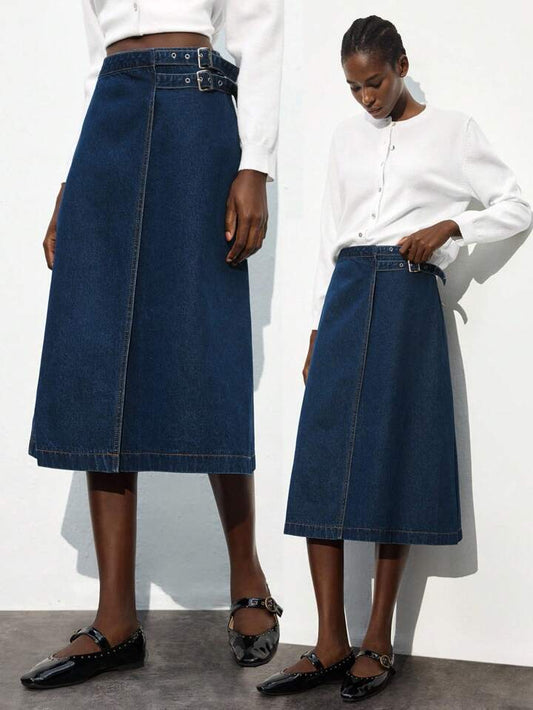 CM-BS200224 Women Casual Seoul Style Dark Wash Mid Waist Side Buckle Design A-Line Midi Denim Skirt
