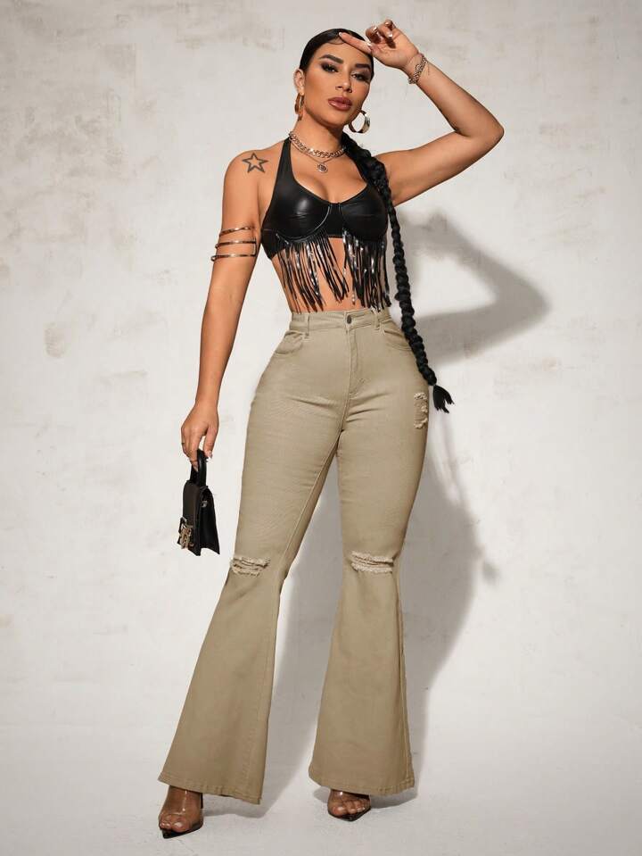 CM-BS938328 Women Casual Seoul Style Solid Color Frayed Hem Skinny Flared Jeans - Khaki