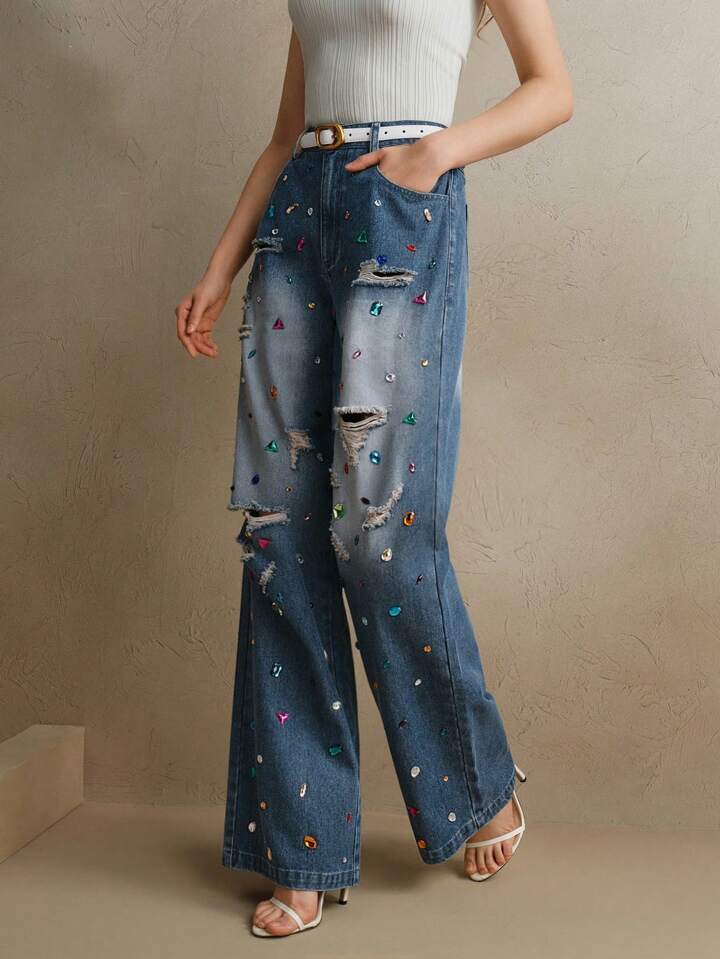 CM-BS244960 Women Elegant Seoul Style Dark Wash Distressed Colored Rhinestone Embellished Jeans