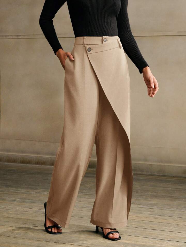 CM-BS366891 Women Elegant Seoul Style Asymmetrical Draping Cross-Wrap Pockets Straight-Leg Pants - Khaki
