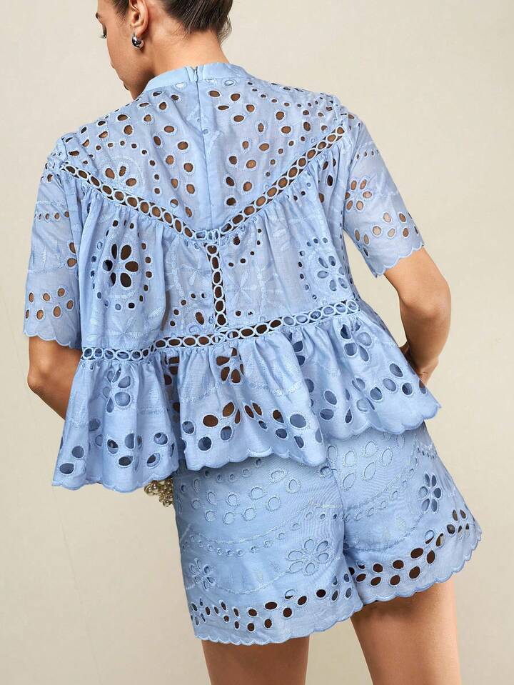 CM-SS474340 Women Casual Seoul Style Hollow Out Embroidered Loose Blouse With Wide Loose Shorts - Set