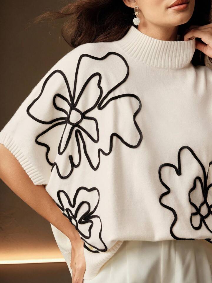 CM-CS518915 Women Elegant Seoul Style Stand Collar Batwing Sleeve Floral Embroidery Knit Top - White