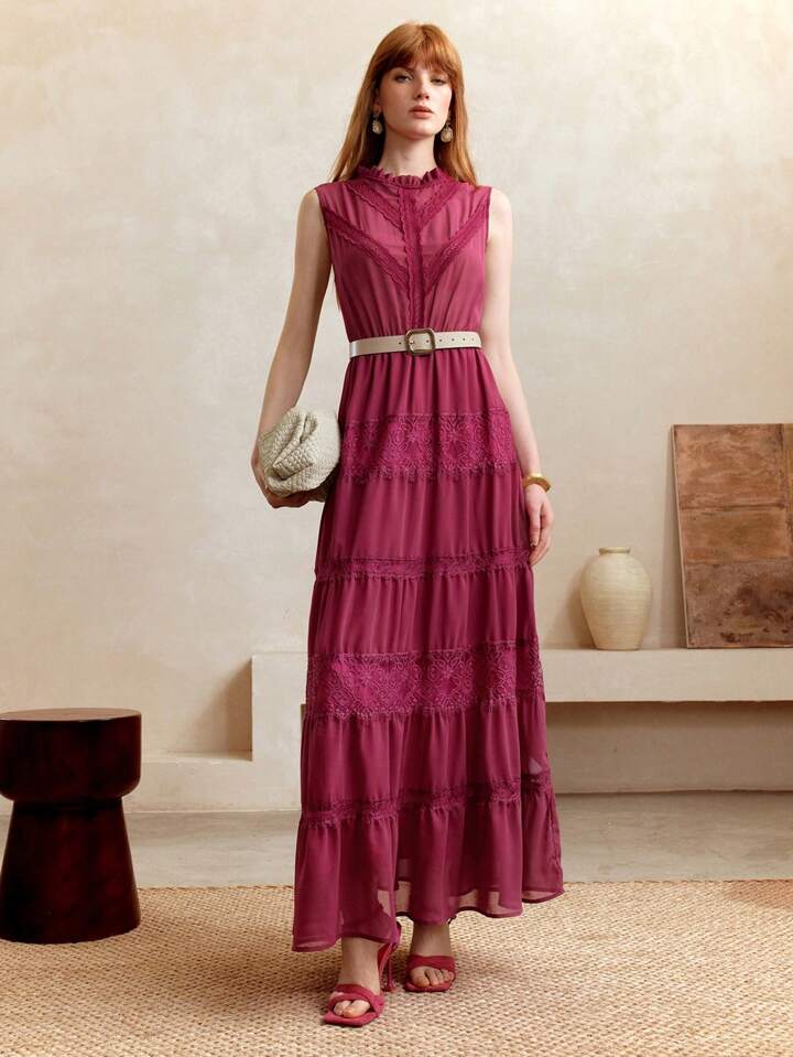 CM-DS601449 Women Trendy Bohemian Style Solid Color Patchwork Stand Collar Sleeveless Dress - Red Violet