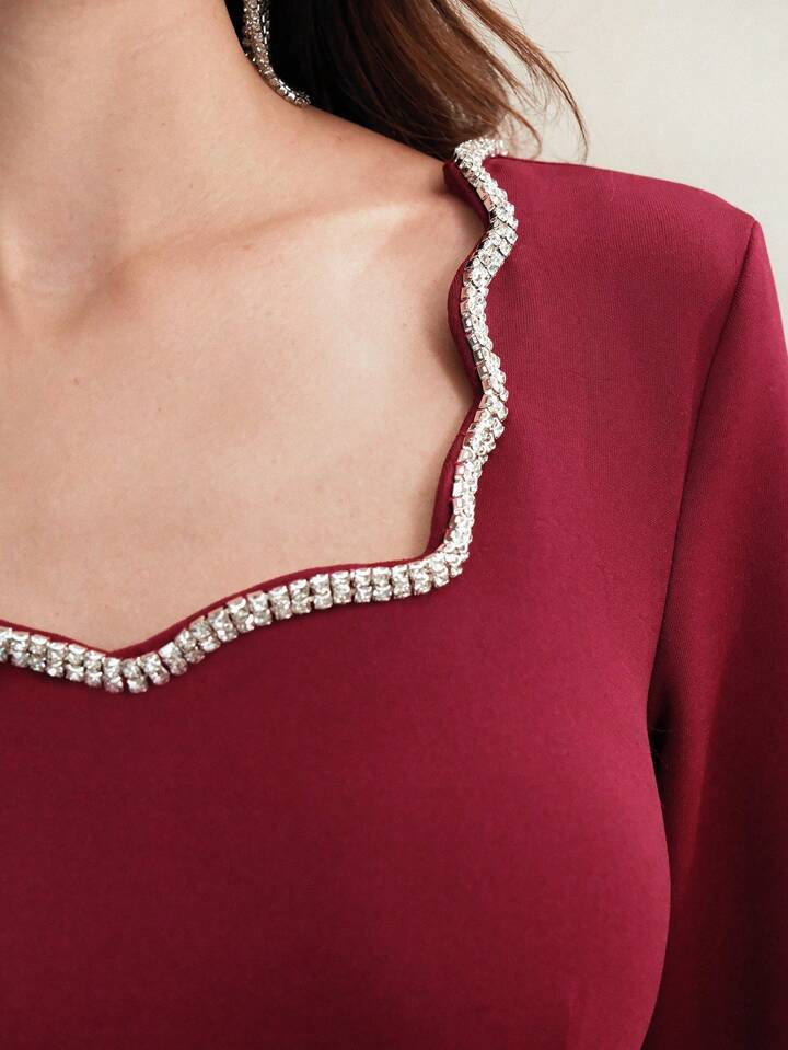 CM-DS463087 Women Elegant Seoul Style Diamond Trim Decor Square Neck Fitted Short Cocktail Dress