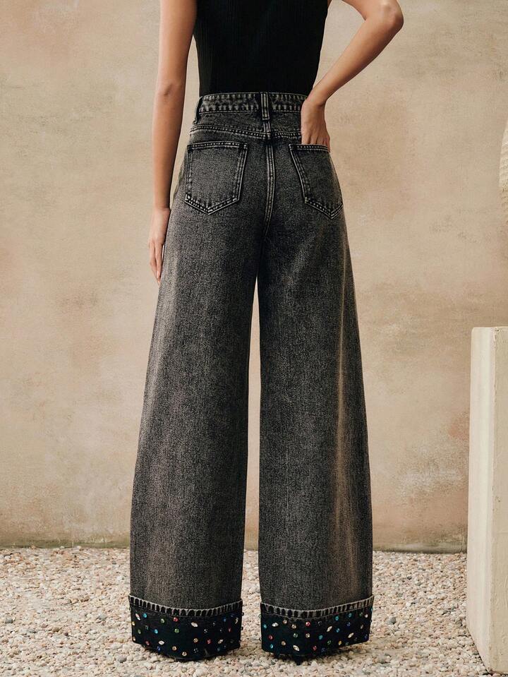 CM-BS269628 Women Elegant Seoul Style High Waist Rhinestone Embellished Loose Leg Wide Leg Jeans - Black