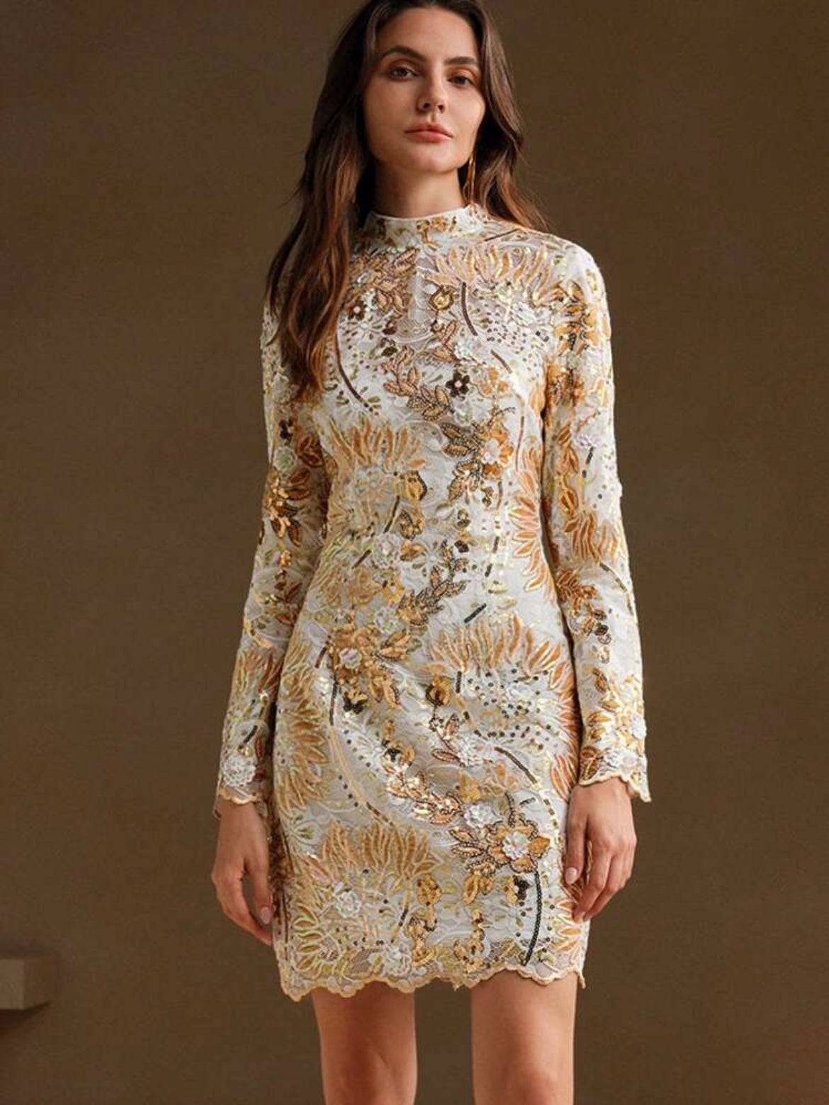 CM-DS783138 Women Elegant Seoul Style Stand Collar Long Sleeve Embroidered And Sequin Waist Fitted Dress