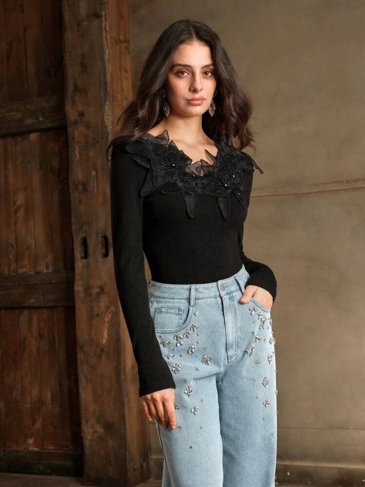 CM-TS031636 Women Elegant Seoul Style Scoop Neck Pearl Stud Lace 3D Flower Decor Tee - Black