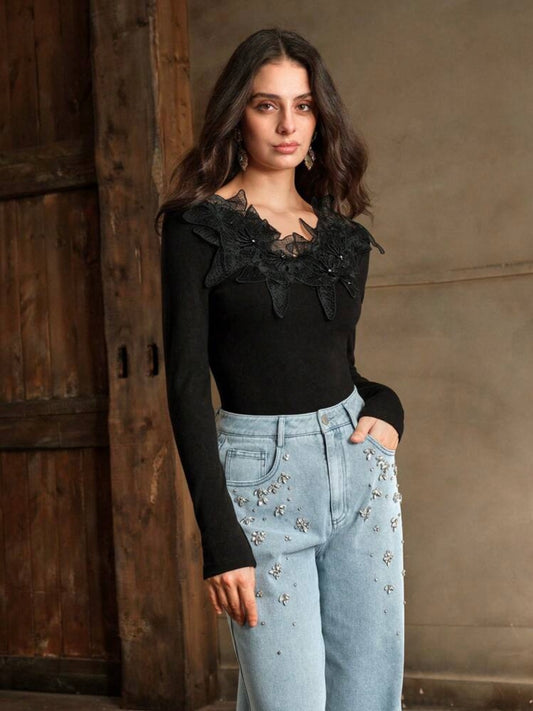 CM-TS031636 Women Elegant Seoul Style Scoop Neck Pearl Stud Lace 3D Flower Decor Tee - Black