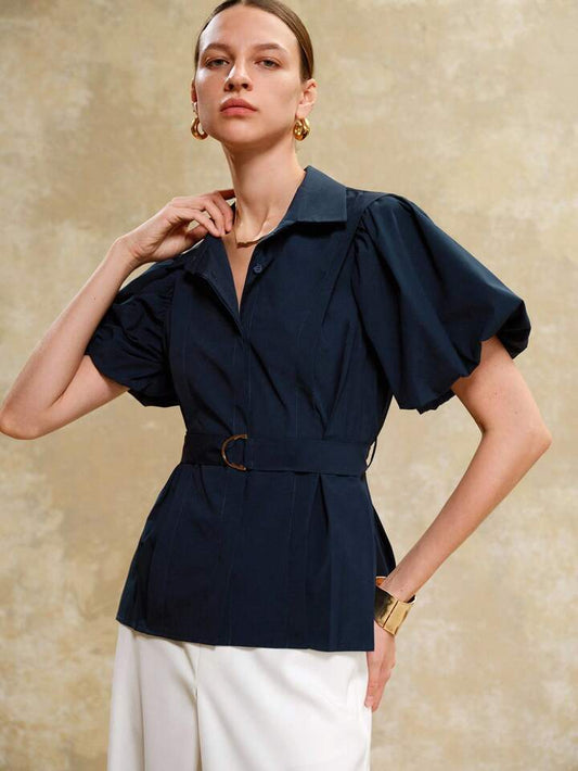 CM-TS101864 Women Elegant Seoul Style Collar Neckline Pleated Lantern Sleeves Waist Belt Design Shirt - Navy Blue
