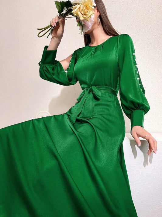 CM-DS988088 Women Elegant Seoul Style Round Neck Pearl Studs Hollow Out Dress - Green