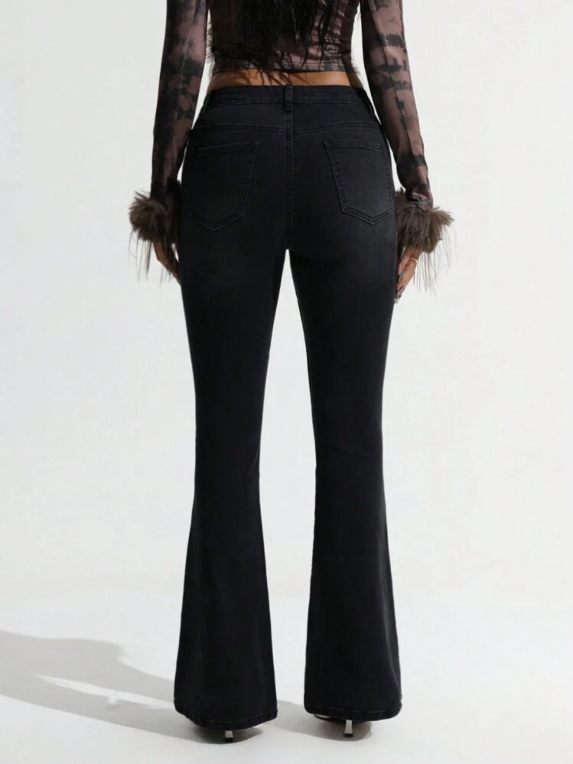 CM-BS915274 Women Casual Seoul Style Butterfly Print And Bow Decor Bell Bottoms Jeans - Black