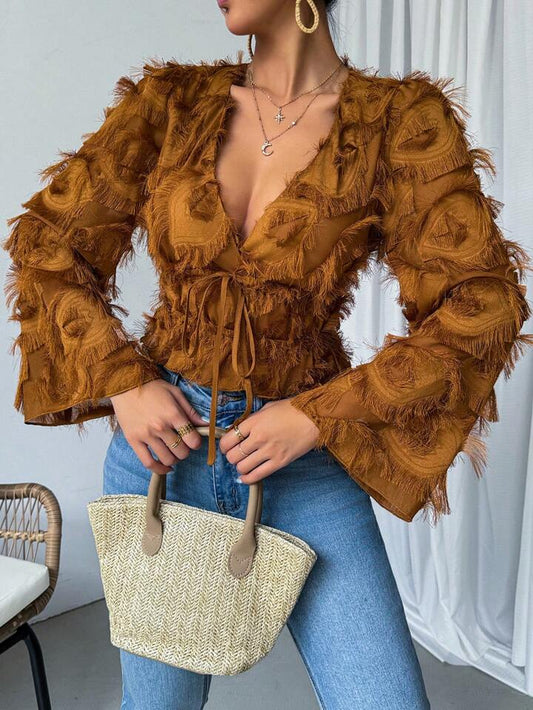 CM-TS253769 Women Casual Seoul Style Fringed Flare Sleeve Tie Front Shirt - Brown