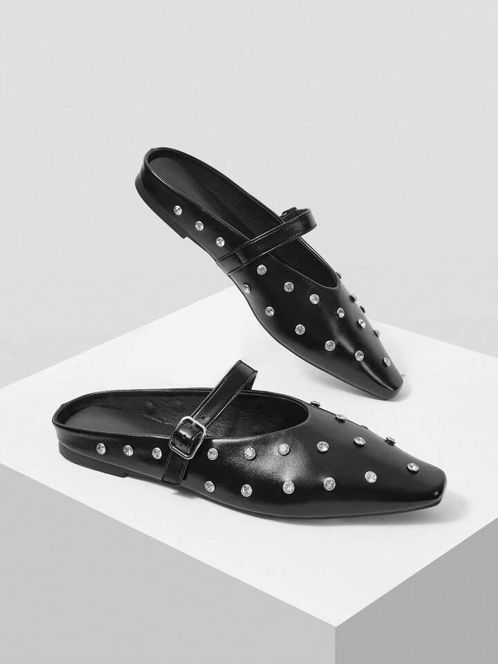 CM-SHS245724 Women Trendy Seoul Style Rhinestone Decor Buckle Flats - Black