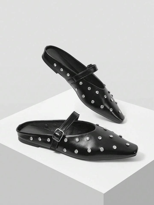 CM-SHS245724 Women Trendy Seoul Style Rhinestone Decor Buckle Flats - Black