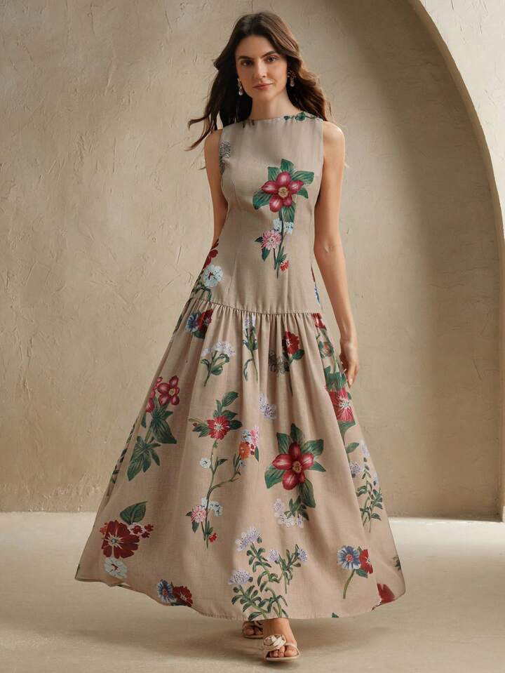 CM-DS855624 Women Elegant Seoul Style Floral Print Stand Collar Sleeveless Low Waist Swing Long Dress