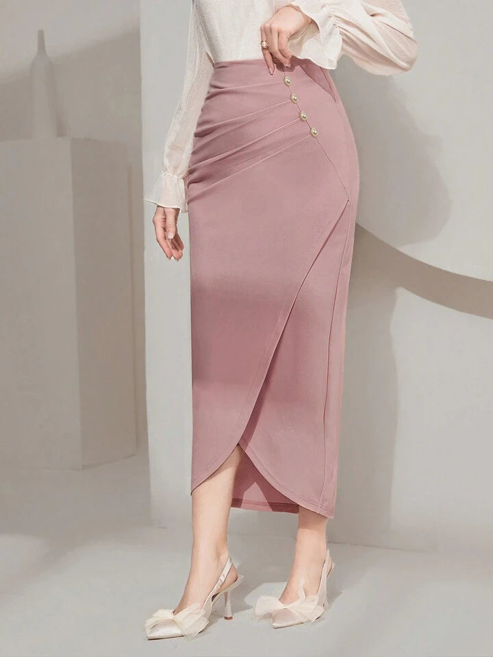 CM-BS328857 Women Elegant Seoul Style Wrap Ruched Asymmetrical Long Skirt - Pink