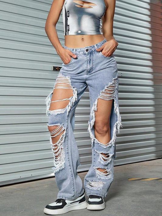 CM-BS382846 Women Casual Seoul Style Light Wash Slant Pocket Distressed Ripped Cut Out Straight Leg Pants