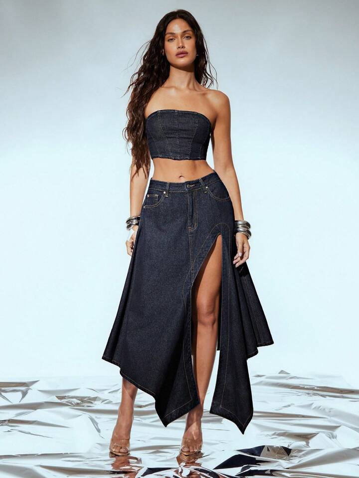 CM-BS341131 Women Casual Seoul Style Dark Wash Mid Waist Asymmetrical High Slit Denim Midi Skirt