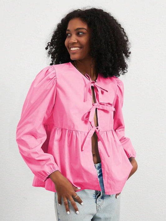 CM-TS042575 Women Casual Seoul Style Print Ruffle Hem Tie Long Sleeve Shirt - Hot Pink