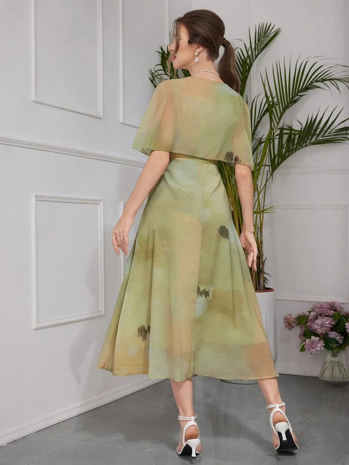 CM-DS579071 Women Elegant Seoul Style V-Neck Gradient Color Bowknot Decoration Dress - Green